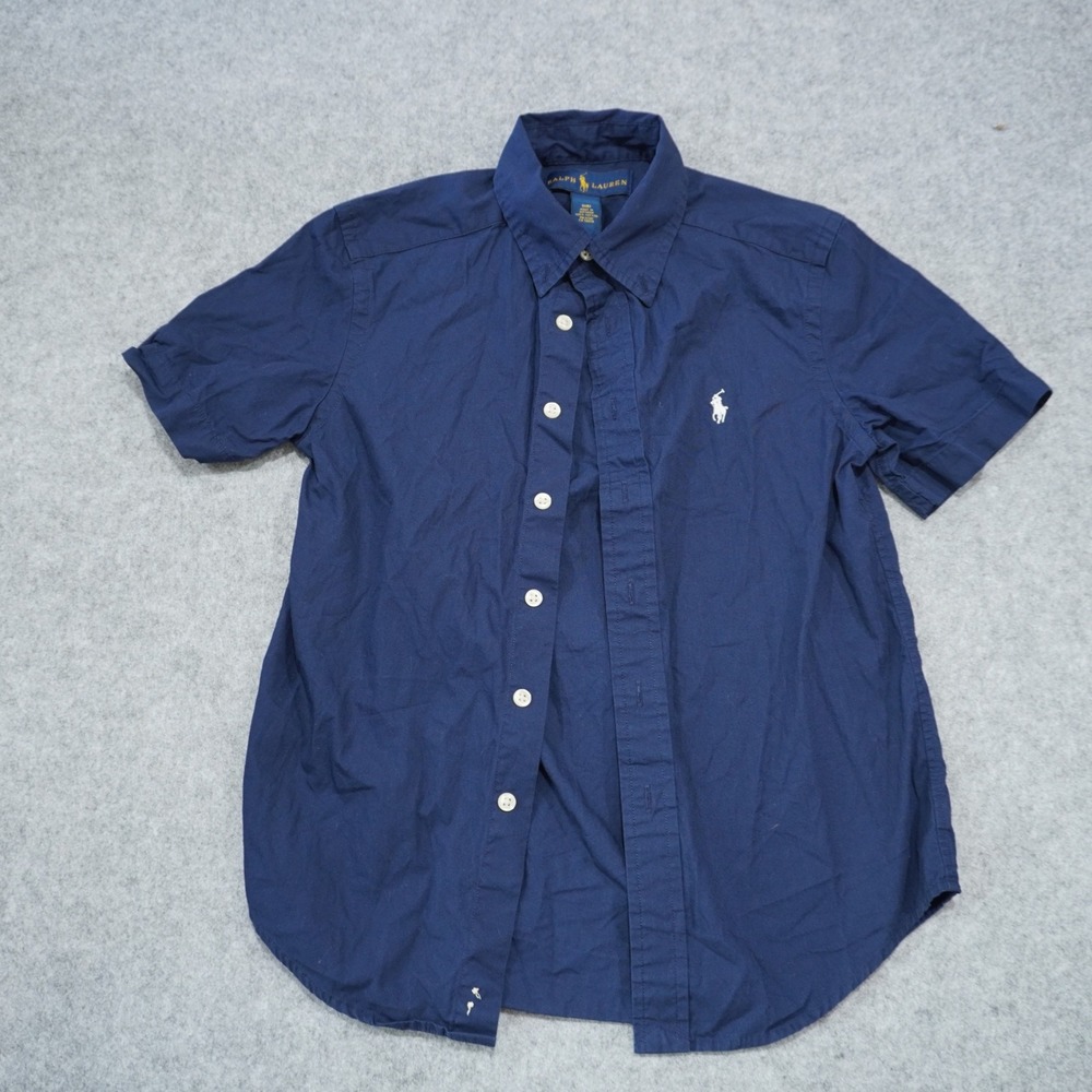 Ralph Lauren Boys Size 8 Navy Blue Short Sleeve Button Down Shirt Pony Logo